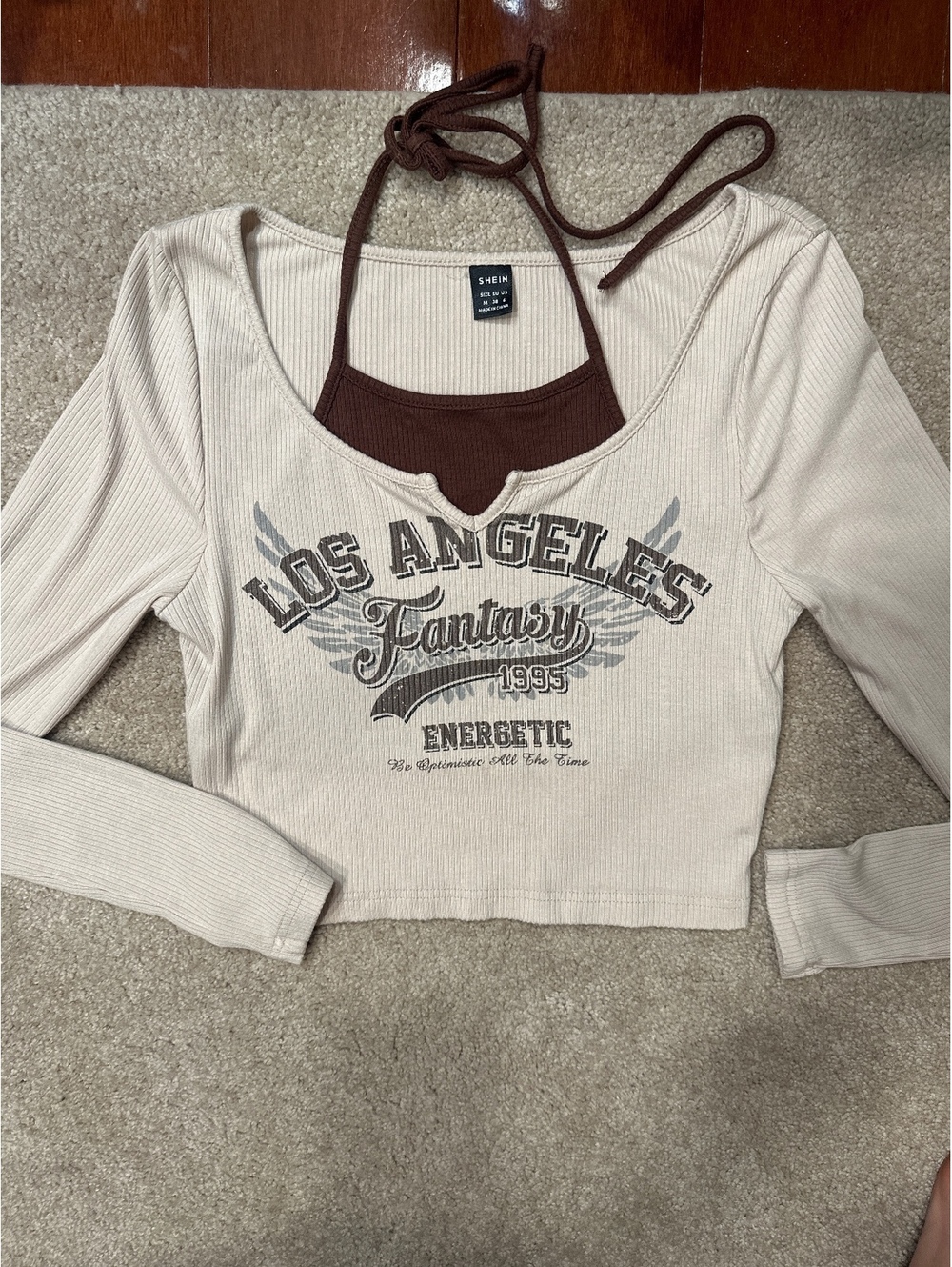 (5)SHEIN Women's Los Angeles  1995 Energetic Long Sleeve Crop Top with Brown
